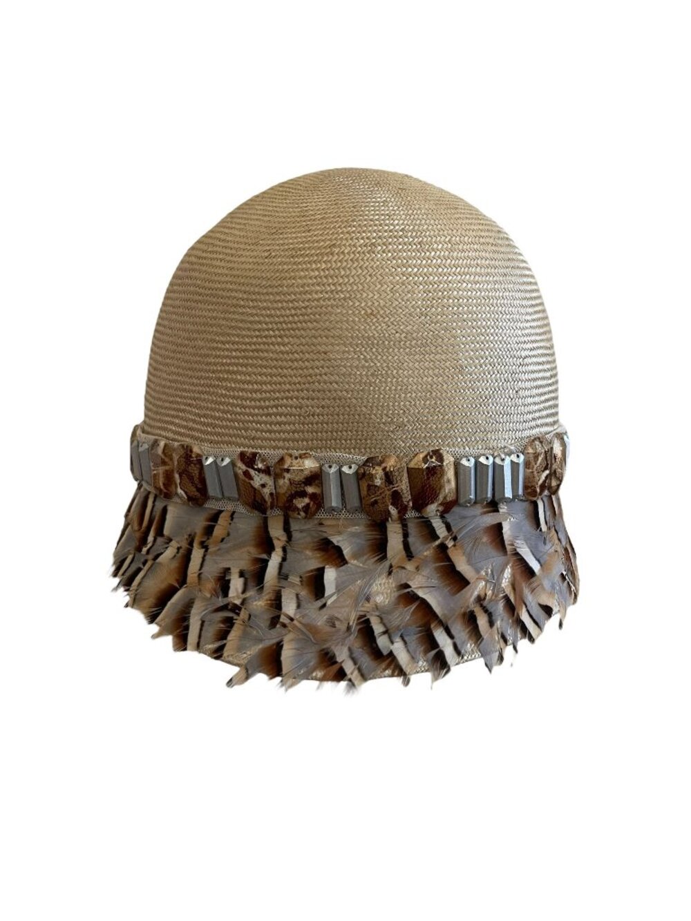 Louise Green Feathered Cloche Hat With Beaded Trim Made In USA